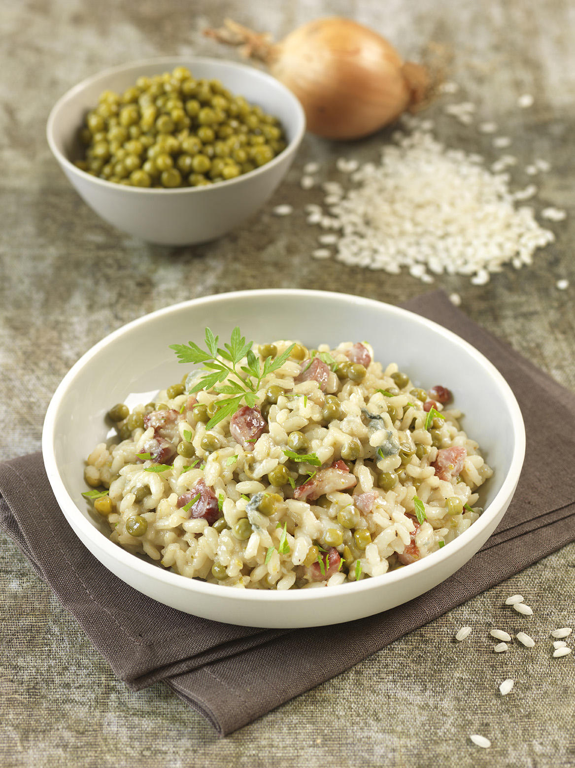 Prix engagés : Risotto aux petits pois, lardons et bleu (1,92€/personne)